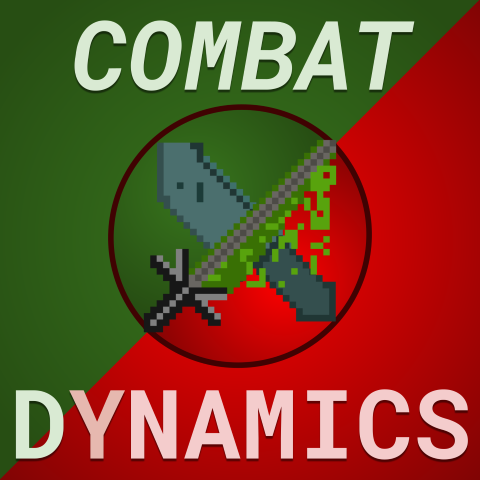 Combatdynamics Logo. Shows a green and red logo, with both the main square and circle in the centre divided trianguarly by red/green colour. Has the Vanadium Steel Knife and the Chemical Sword, crossed by each other in the circle.